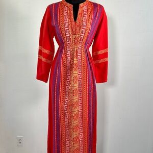 Vintage Kaftan Dress Maxi Woven Stripe Red Blue V-Neck Maxi Caftan Boho XS/S
